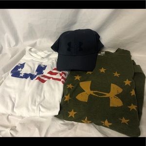 Men’s Under Armour Lot shirts and hat size small